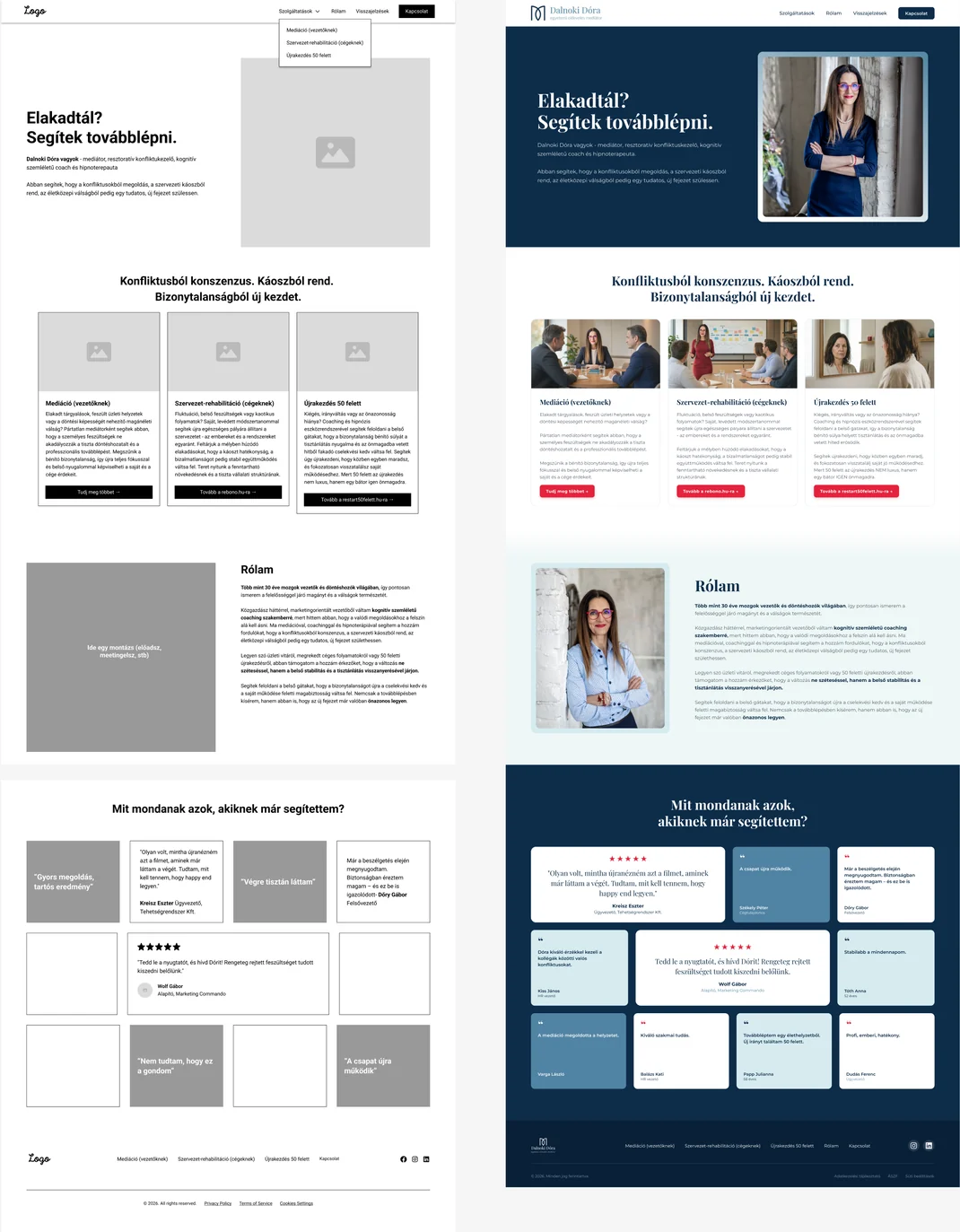 Wireframe és kész design egymás mellett